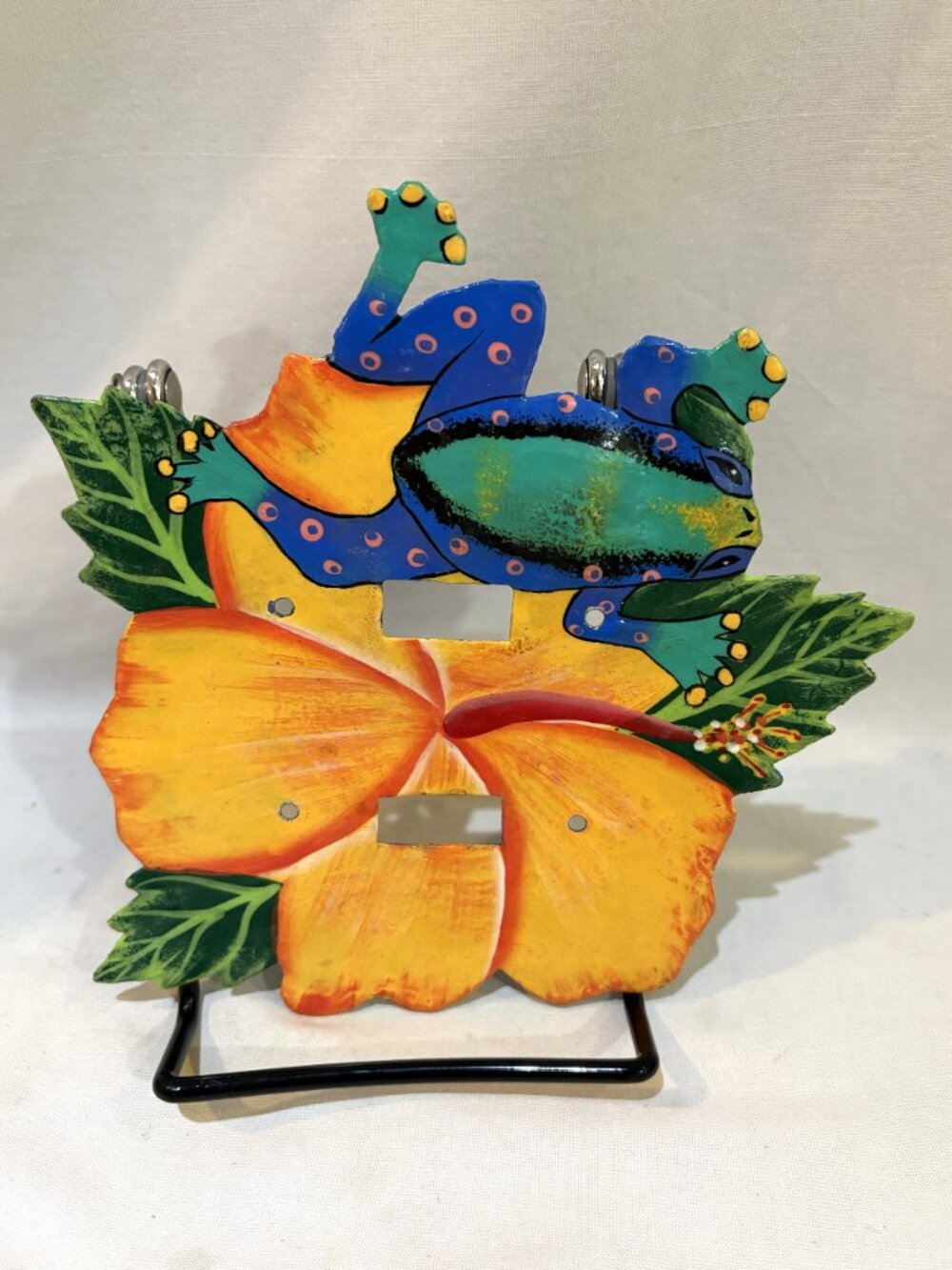 Metal Light Switch Cover Hand Made Painted Haiti Tropical Frog Hibiscus Flower